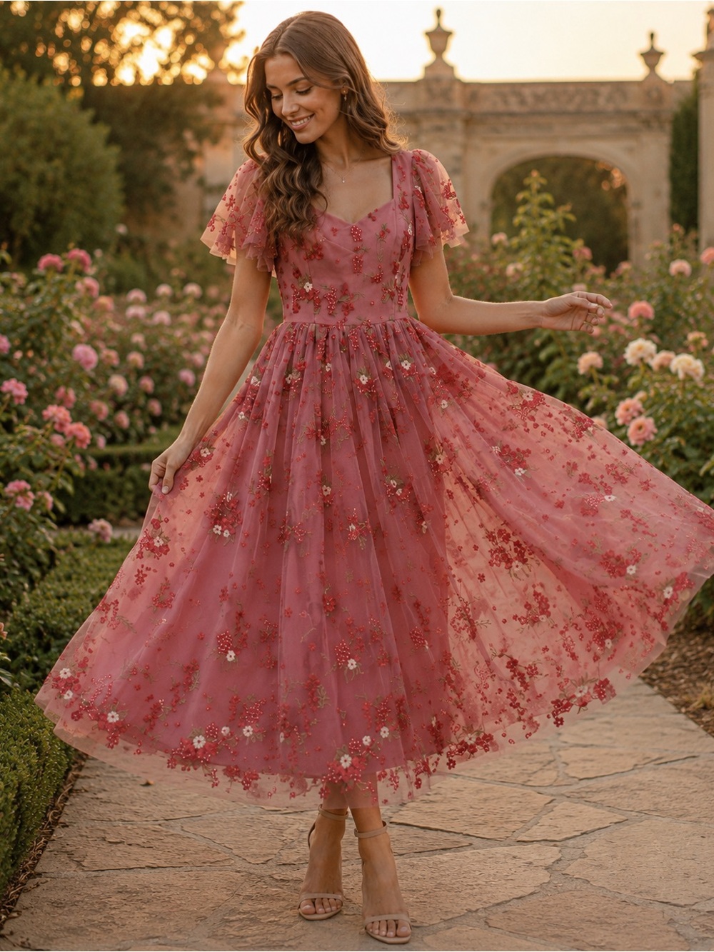 JessaKae Scarlet Dress XS Rose Pink Floral Embroidered Tulle Midi